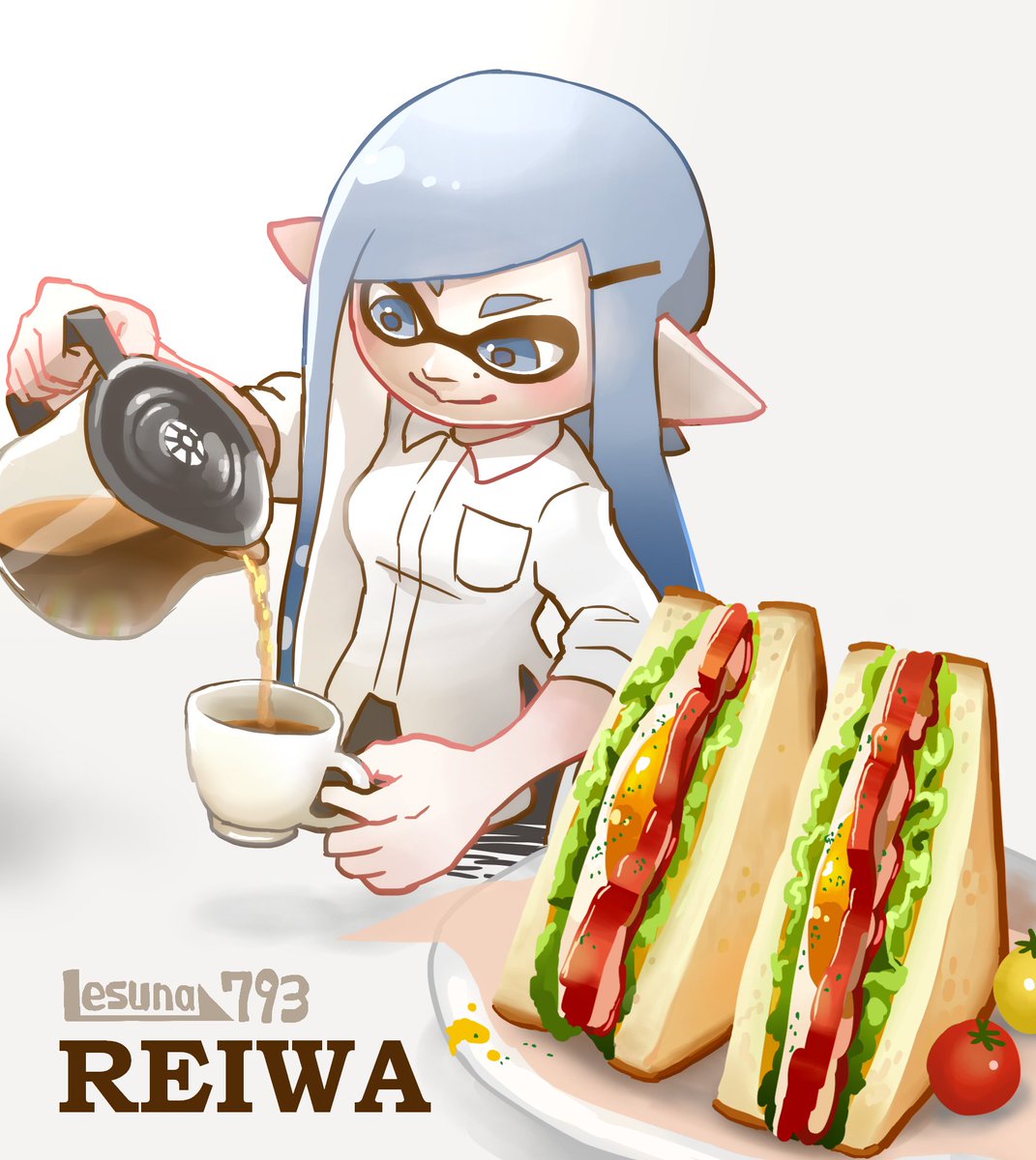 inkling ,inkling girl 1girl cup solo pouring sandwich pointy ears blue eyes  illustration images