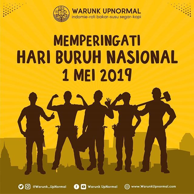 warunk_upnormal's tweet image. Dalam rangka Memperingati Hari Buruh Nasional, mari tanamkan etos kerja yang kuat, semangat dan unggul dalam bekerja serta berkarya agar terciptanya pribadi yang tangguh di masa depan 💪💪😎😎
_____

#WarunkUpNormal #HariBuruh2019 #upnormal #hariburuh #hariburuhnasional #may…
