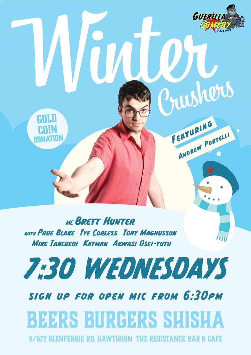 PjSharpy's tweet image. Tonite 7.30 in Haw Haw Hawthorn. $6beer $9 burgers, shisha and warm beanbags. Join us for great night of Comedy fun.
Open mic sign up 6.30, show at 7.30. Love to see you.