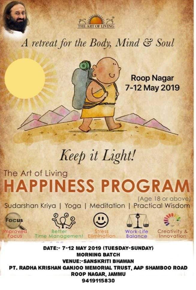 rajanjgd's tweet photo. The Art of Living Happiness Program,Roop Nagar, Jammu
Morning Batch-5:30am-8:30 am 7-12 MAY 19 (Tue-Sun)
At Sanskriti Bhawan, Pt. Radha Krishan Ganjoo Memorial Trust, Aap Shamboo Road, Roop Ngr, Jammu,J&K
9419115830 #HappinesProgram @ArtofLiving https://t.co/fh2elW1vBg