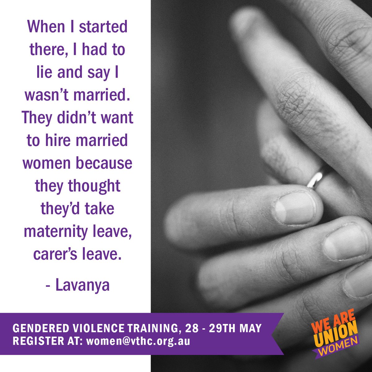 VicUnions's tweet photo. It's well and truly time to get rid of gender-based workplace discrimination. Register now for Gendered Violence through Union Action training: May 28-29. women@vthc.org.au #stopGVatwork https://t.co/GMeAfzfJ9R