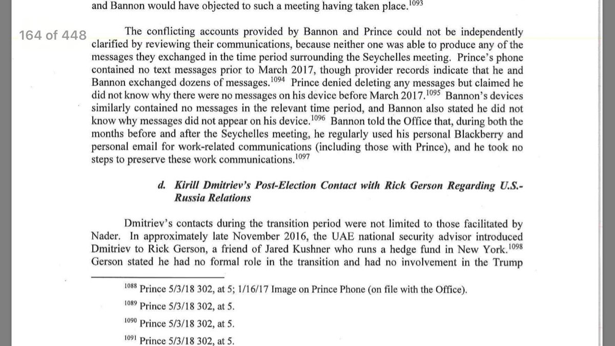 33. Special Counsel couldn’t verify bros Bannon & Prince confirmed communication around the time of the Seychelles meeting cuz their phones were wiped; on another note, Bannon admitted he used personal email for work-related business.Perspective: “But her emails.”