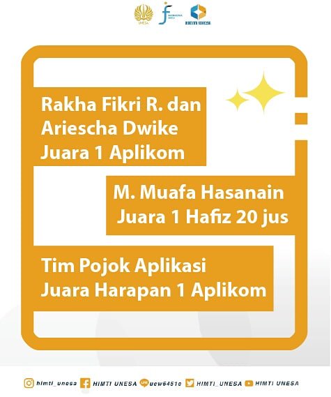 HIMTI_Unesa's tweet photo. [MAHASISWA TI BERPRESTASI]
Selamat Atas Pencapaian pada lomba MTQ.
🏆 Juara 1 Aplikom
1. Rakha Fikri R.
2. Ariescha Dwike
🏆 Juara 1 Hafiz 20 jus
M.  Muafa Hasanain
🏆 Juara Harapan 1 Aplikom
1. M. Ilman Abi
2. M. Saif Alifkhan
#TI_Berprestasi
#TIBravo
#Informatika 
#VivaLaHimti https://t.co/RBrbAYKTPe