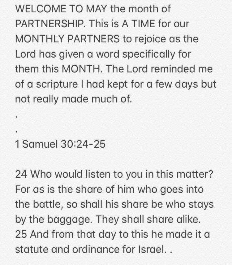 UebertAngel's tweet photo. WELCOME TO MAY the month of PARTNERSHIP. This is A TIME for our MONTHLY PARTNERS to rejoice as the Lord has given a word specifically for them this MONTH. The Lord reminded me of a scripture I had kept for a few days...... 
.......continued on the images

https://t.co/JMECbzxAup https://t.co/vjC1XFR4GQ