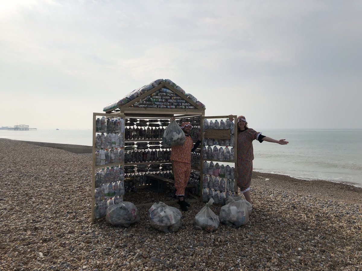 Biffa's tweet photo. The @WasteAid ecobrick beach hut is set up on #Hove beach and we’ve got two enthusiastic #waste and #recycling experts here to talk about using waste as resource. Come down to find out more! https://t.co/ZrbjEfhZbT