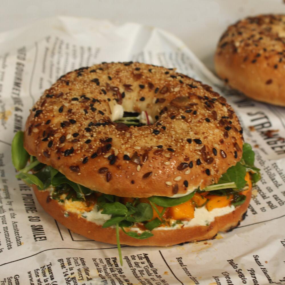 nutcrackercafe's tweet photo. The everything bagel - with garlic onion and all seed mix - is our new favourite! 
In addition to our homemade herbed cream cheese we added some mango salsa and fresh  greens to the bagel to make it the perfect summer sandwich! https://t.co/jNDSEtaulj