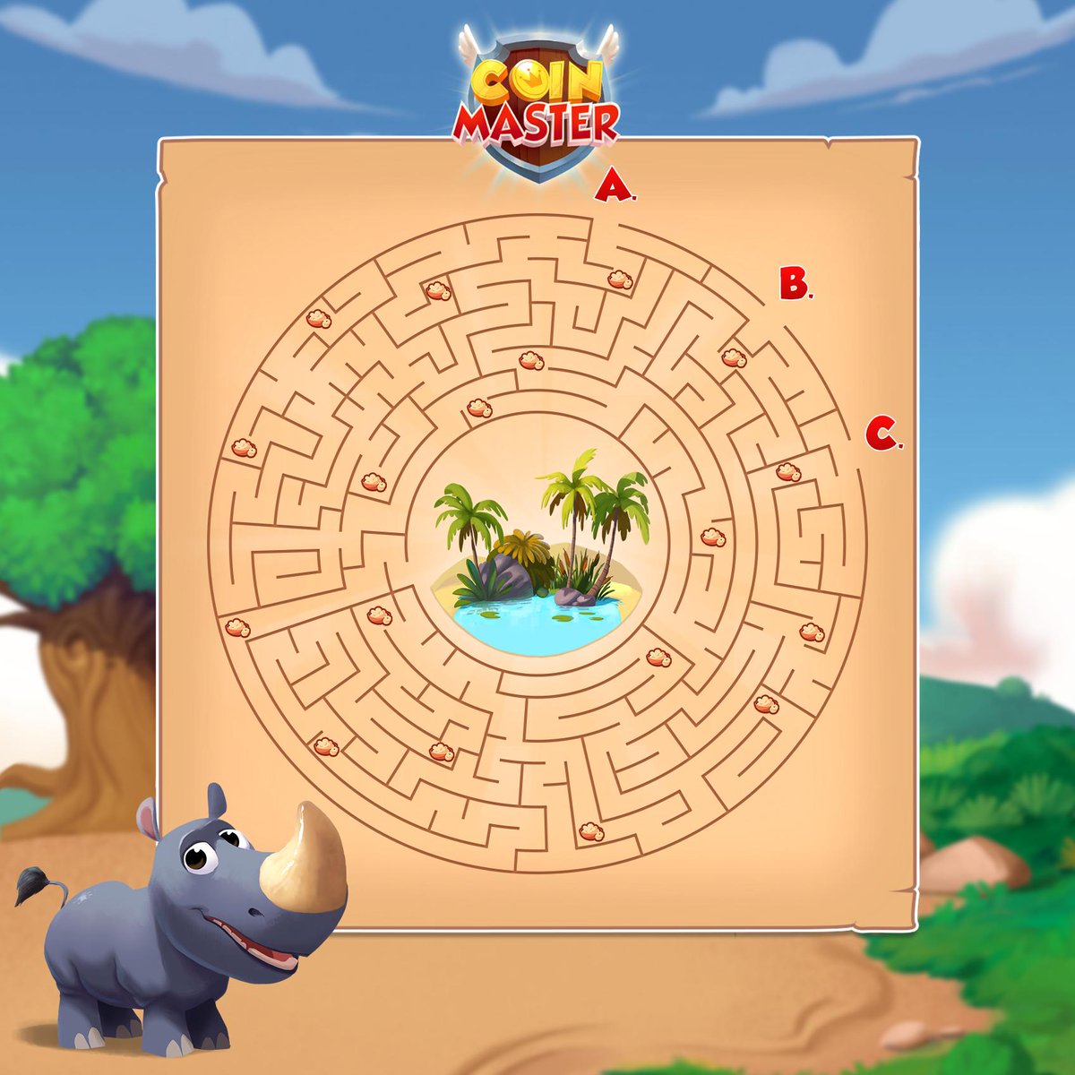 Coin Master On Twitter Save The Rhino Day Is Here Which Path Leads Our Cute Little Friend To The Center Bonus Points If You Can Count All The Pet Food