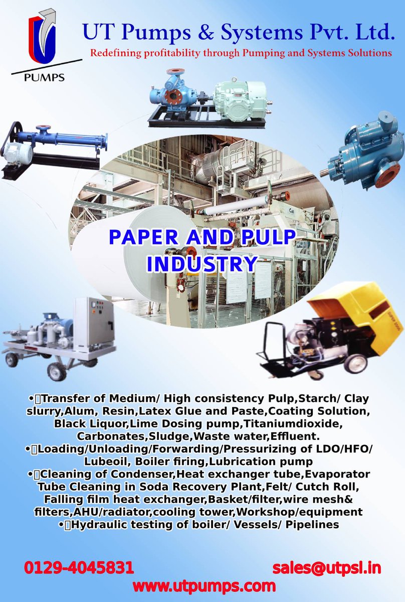 utpumps's tweet photo. UT Pumps offers #screwpump #singlescrewpump #twinscrewpump #triplescrewpump #highpressurepump #highpressurecleaningsystems #triplexplungerpumps #pulp #paper #industry.
https://t.co/Pul5apSNnC
#utpumps #makeinindia #PaperMachinery #PulpAndPaper #PaperIndustry #Pulpandpaperindustry https://t.co/YMAlddgyFM