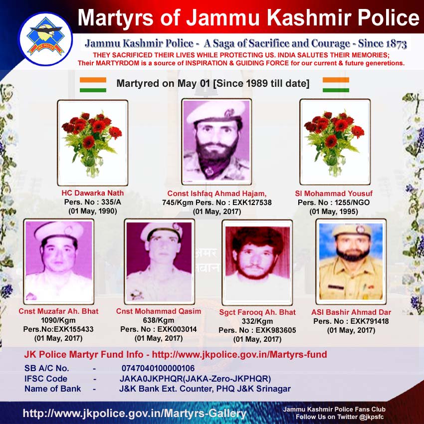 wassimgul's tweet photo. #India #Martyrs Of #JammuKashmirPolice🇮🇳

Martyred on #May_01 [Since 1989 till date]
🌼Kuchh Yaad Unhein Bhi Kar Lo, Jo Laut Ke Ghar Naa Aaye🌼#bharatkeveer

#Police #JammuAndKashmir #JammuKashmir #JammuKashmir #Kashmir
#Sacrifice #MaharashtraDay #LabourDay #LabourDay2019 https://t.co/IfbQuP7JUY