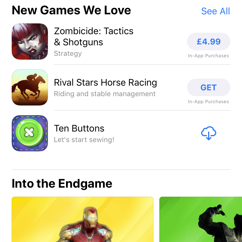 gamezaur's tweet photo. Ten Buttons featured by Apple as 'New Games We Love' in more than 100 countries, yay! =) #gamedev #indiegame #indiedev #madewithunity https://t.co/IbnbzhBI3F