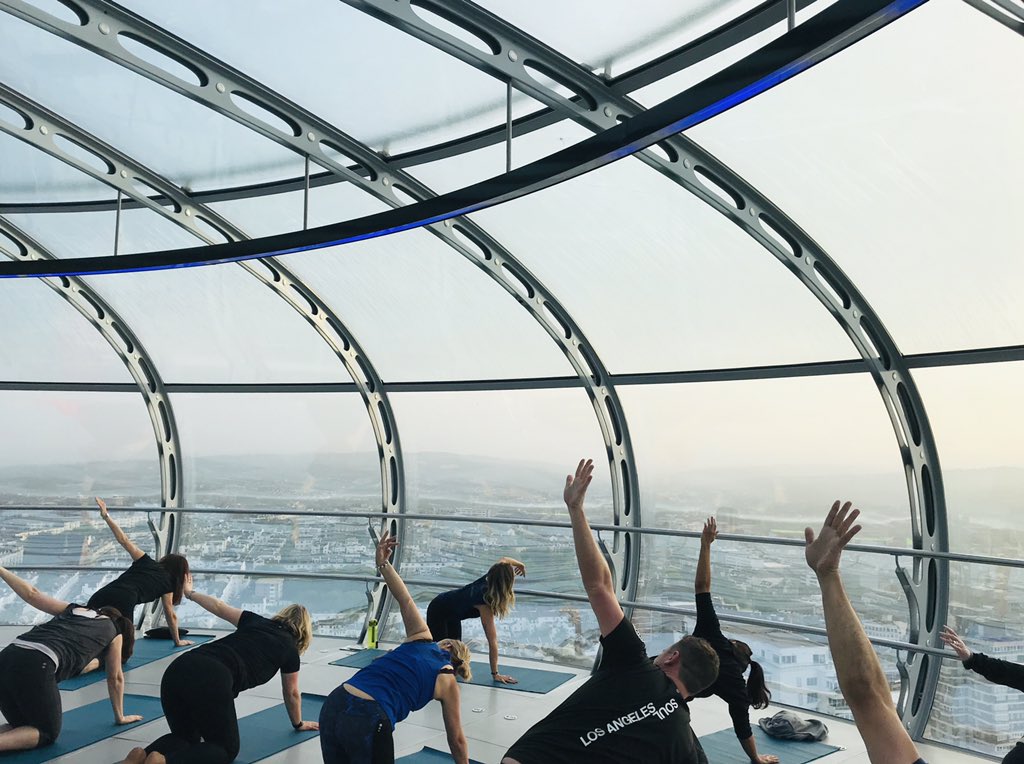 BenAshley_95's tweet photo. This morning some guests attending @ITMtweets got to enjoy Yoga in the Sky aboard the @BA_i360 this morning sponsored by British Airways and American Airlines  #ITM2019 #BAi360 https://t.co/3l8cZigapW
