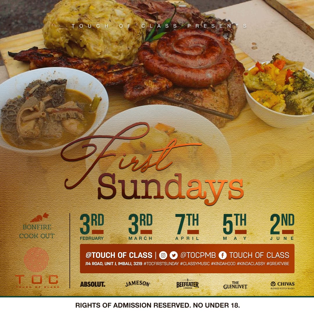 tocpmb's tweet photo. Sunday 07 May 》@TOCPMB presents TOC First Sundays with Bonfire Cookout #poweredby @pernodricard 
Reservations: touchofclasspmb@gmail.com : 082 041 7228

#tocfirstsundays #bonfirecookout #touchofclass #kindahood #kindaclassy #classymusic #shisanyama https://t.co/MOCnBIJV6i