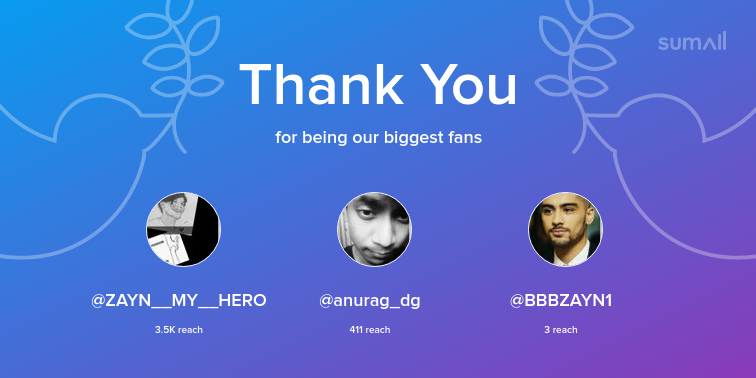 BelivelnLarry's tweet photo. Our biggest fans this week: @ZAYN__MY__HERO, @anurag_dg, @BBBZAYN1. Thank you! via https://t.co/sL6Oba05UI https://t.co/UDwBviAJXg