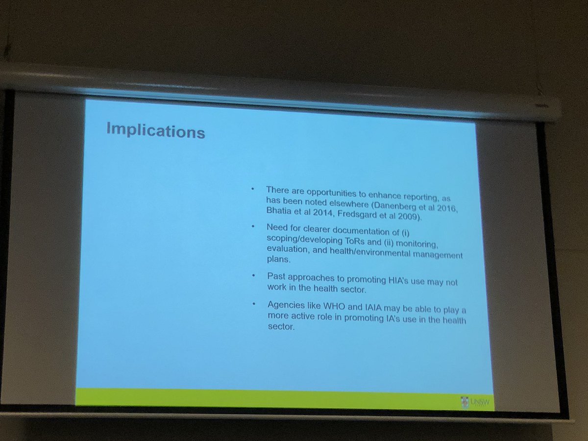 #IAIA19 <a href="/ben_hr/">Ben Harris-Roxas</a> audited HIAs on health sector proposals. #HIA reporting can be enhanced through clearer documentation of the process &amp; calls on <a href="/WHO/">World Health Organization (WHO)</a> and <a href="/IAIAnetwork/">IAIA Network</a> to promote #hia in health sector.