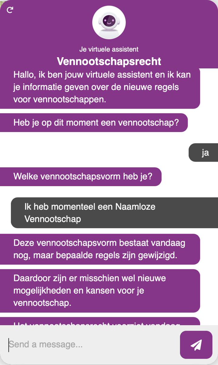 Voor ondernemers die hun activiteiten voeren via een vennootschap, luidt een nieuw tijdperk in. Om jullie wegwijs te maken in de nieuwe regels, lanceren we samen met #Fednot een chatbot. Stel je vragen over de 4 vereenvoudigde vennootschapsvormen via notaris.be