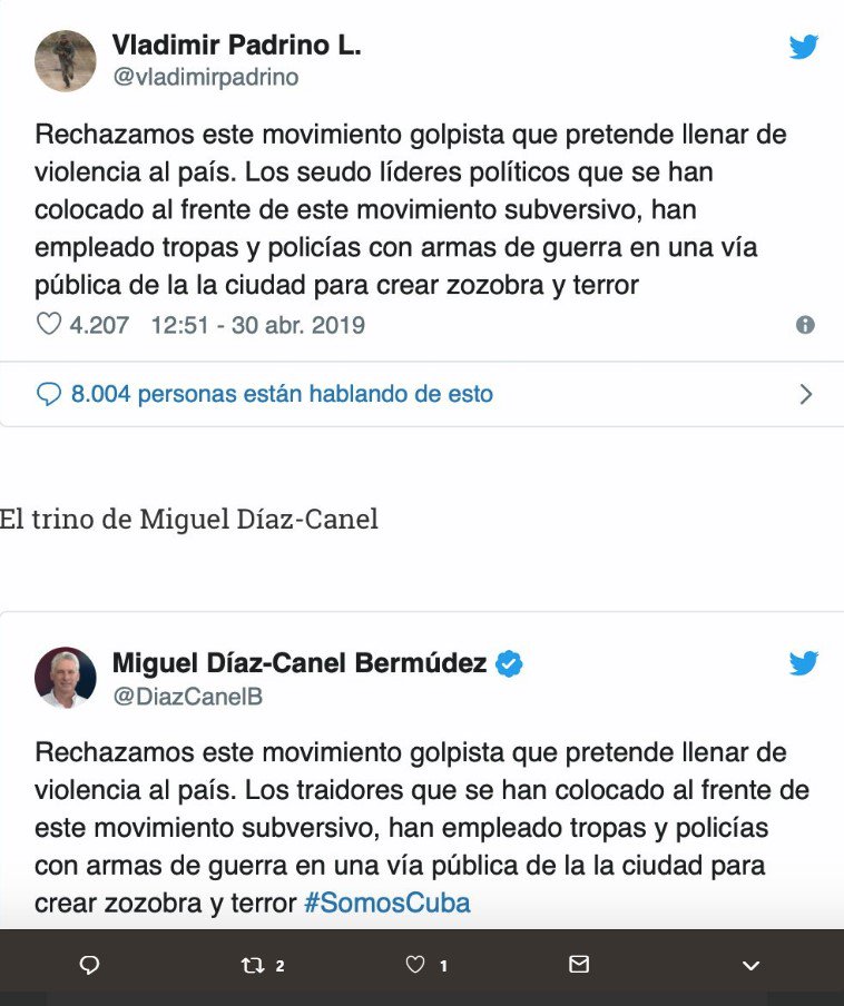 contentoCC's tweet image. Vladimir ist Verteidigungsminister von #Venezuela, Miguel ist Kubas Präsident. Das twitterten sie gestern (via @KaeuferTobias ; Übersetzung unnötig). 
Nein, VZLA wird NICHT aus Havanna ferngesteuert! Nie! Wer das behauptet, macht imperialistische US-Propaganda!😂  #messagecontrol