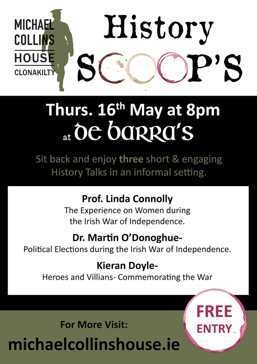 MCollinsHouse's tweet photo. Sit back with a beer, a glass of wine, a cup of tea or a soft drink and enjoy three short and engaging history talks in relaxed and informal setting. @DeBarraFolkClub #Clonakilty. @Linda__Connolly @kierandoyle007 #historyscoops https://t.co/cbhkmgd7ZH