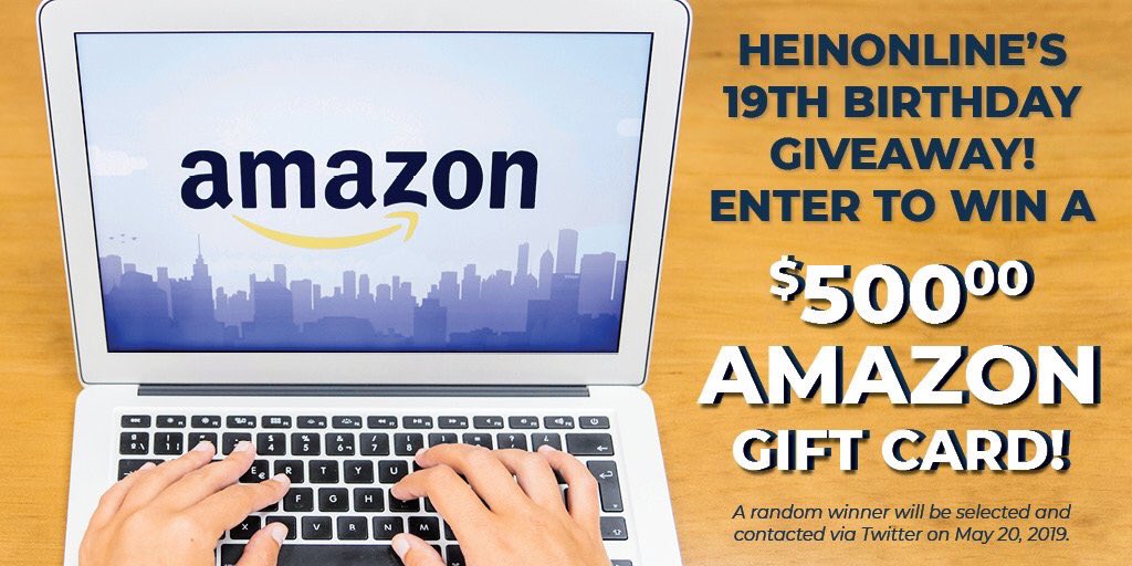 HeinOnline's tweet image. May marks the 19th anniversary that HeinOnline was launched! For our #birthday this year, we’re giving away a $500 @amazon gift card to one lucky winner. To enter for a chance to win: Follow us 👉🏻 at @HeinOnline and retweet this tweet by May 19th! #19DaysToWin