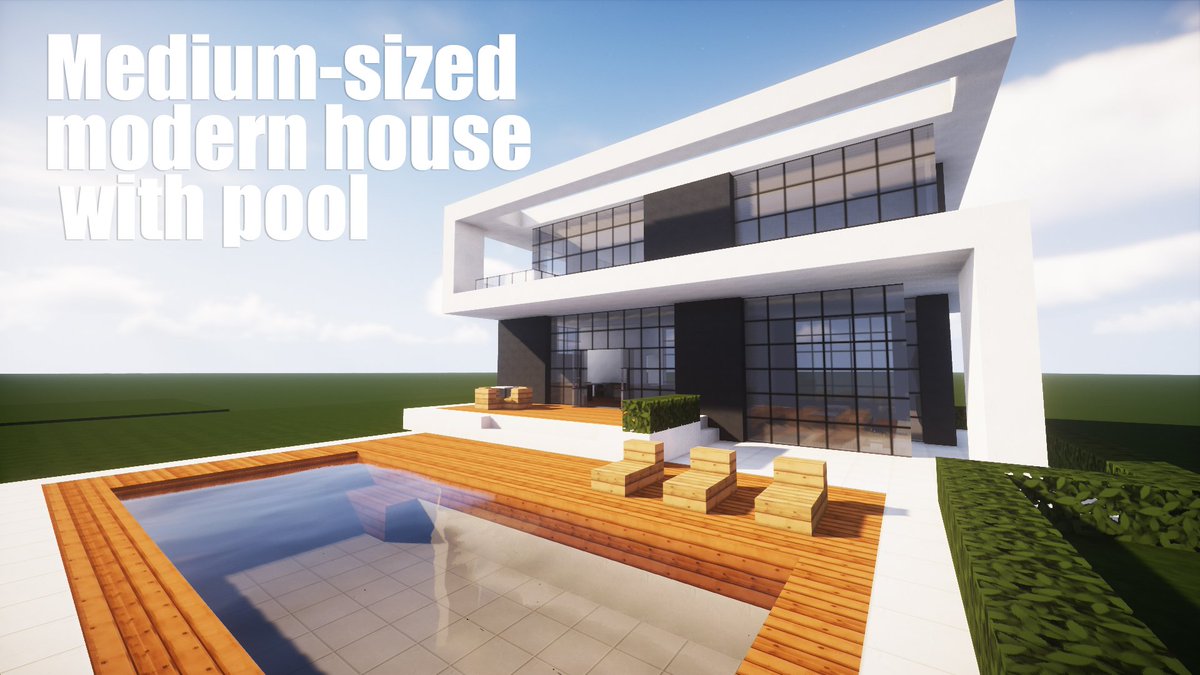Seven 似たような感じの家だけど 2つくらい作ってみた 1個目は一応海外にありそうなプール付きの豪邸のつもりｗ どっちもバニラで作ってみたけど 久々にテクスチャ使った和風建築に戻ろうか考え中 T Co Qkz4eqkn4f Minecraft