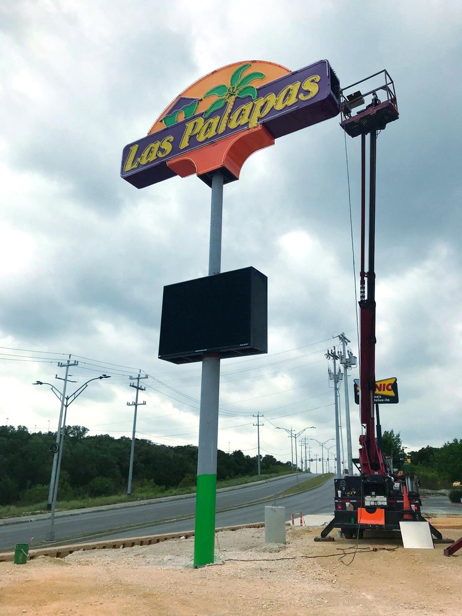 LasPalapasTPC's tweet photo. Las Palapas sign is UP! 
You know what that means? Our opening day is just around the corner! Once we get past all the inspections, we'll have a better idea of when we'll be allowed to open. Stay tuned!
#laspalapastpc #openingsoon #sometimeinmay #mexicanfood #texmex #sanantonio https://t.co/Kqb53OtCqA