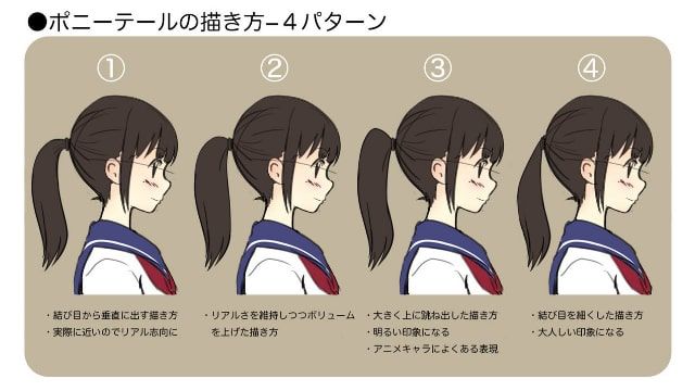 お絵かき図鑑 V Twitter ポニーテールの描き方 リアルっぽいものやアニメっぽい表現が学べます 同じ髪型でも ほんの少しの違いで印象が変わりますね Https T Co Fmdfe623tw 夏原されこさんに記事掲載許可を頂いております Https T Co Rpw6jtaese