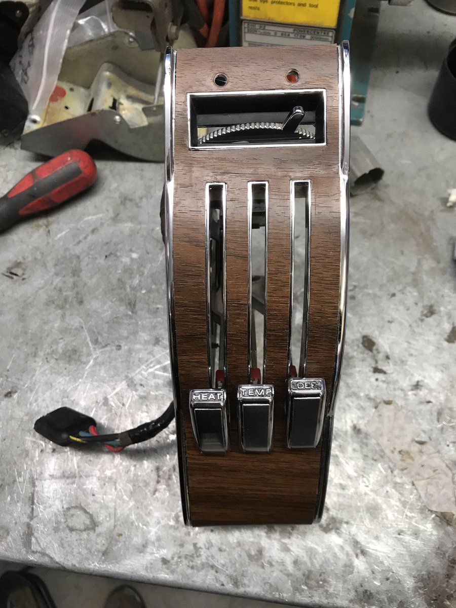 JesseCrosse's tweet photo. Heater control rebuilt and ready to fit. I’d bought some rep knobs but the typeface is wrong and while the originals look their age, they’ve cleaned up OK. I used to gag at the sight of stick-on wood trim. Can’t believe I’m now lovingly restoring it. #Mustang #GT390 #Bullitt https://t.co/aue0XaVBzJ