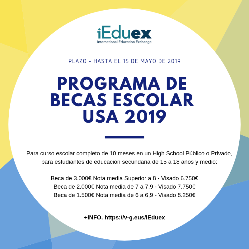 VGgaztea's tweet photo. 🇺🇸 AEB-etan ikasteko beka: 10 hilabeteko ikasturte osoko kurtsoa, 15 eta 18 urte eta erdi bitarteko gazteentzat. /Beca para estudiar en EE.UU: para curso escolar de 10 meses, para estudiantes de educación secundaria de 15 a 18 años y medio. +INFO https://t.co/SRwcuBgTKl @IEDUEX https://t.co/9vlkBJ4h9t