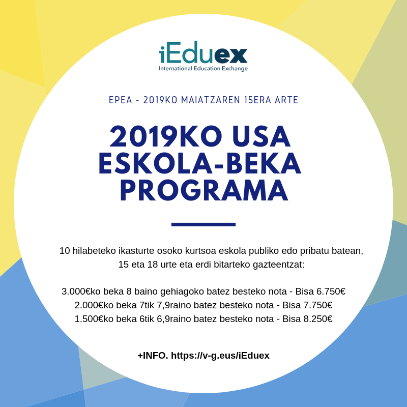 VGgaztea's tweet photo. 🇺🇸 AEB-etan ikasteko beka: 10 hilabeteko ikasturte osoko kurtsoa, 15 eta 18 urte eta erdi bitarteko gazteentzat. /Beca para estudiar en EE.UU: para curso escolar de 10 meses, para estudiantes de educación secundaria de 15 a 18 años y medio. +INFO https://t.co/SRwcuBgTKl @IEDUEX https://t.co/9vlkBJ4h9t