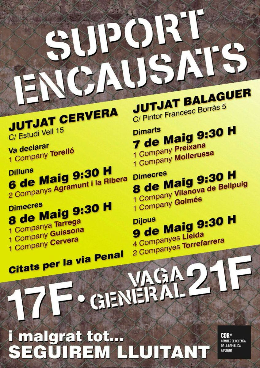 La solidaritat és la nostra millor arma!
Donem suport a les encausades!
#Ponent