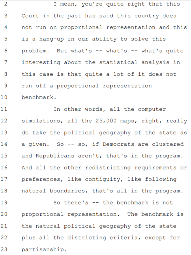 A few reactions from people I respect saying: look, it's hard to speak extemporaneously about a topic out of your field of expertise. And fair enough, but for comparison here's Elena Kagan discussing the simulation methods used by  @gerrymandr to evaluate partisan gerrymandering