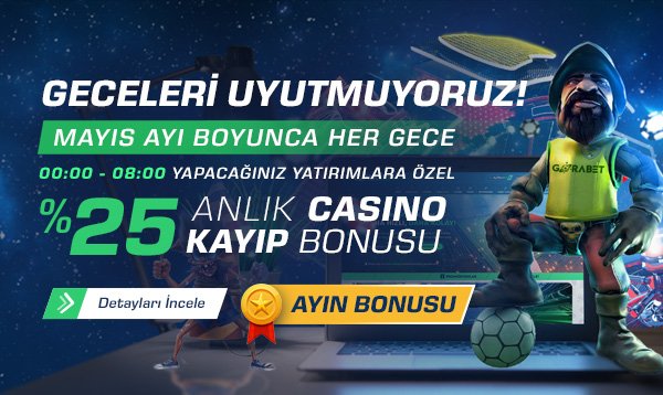 Mayıs Ayı boyunca Spor Bahislerine özel %20 Çevrimsiz Bonus + %10 Kayıp Bonus ve 00.00-08.00 arası yapacağınız yatırımlara özel %25 Anlık Casino Kayıp Bonus promosyonunu kaçırmamak için üye ol wlgorabet.adsrv.eacdn.com/C.a...6&adid=1…