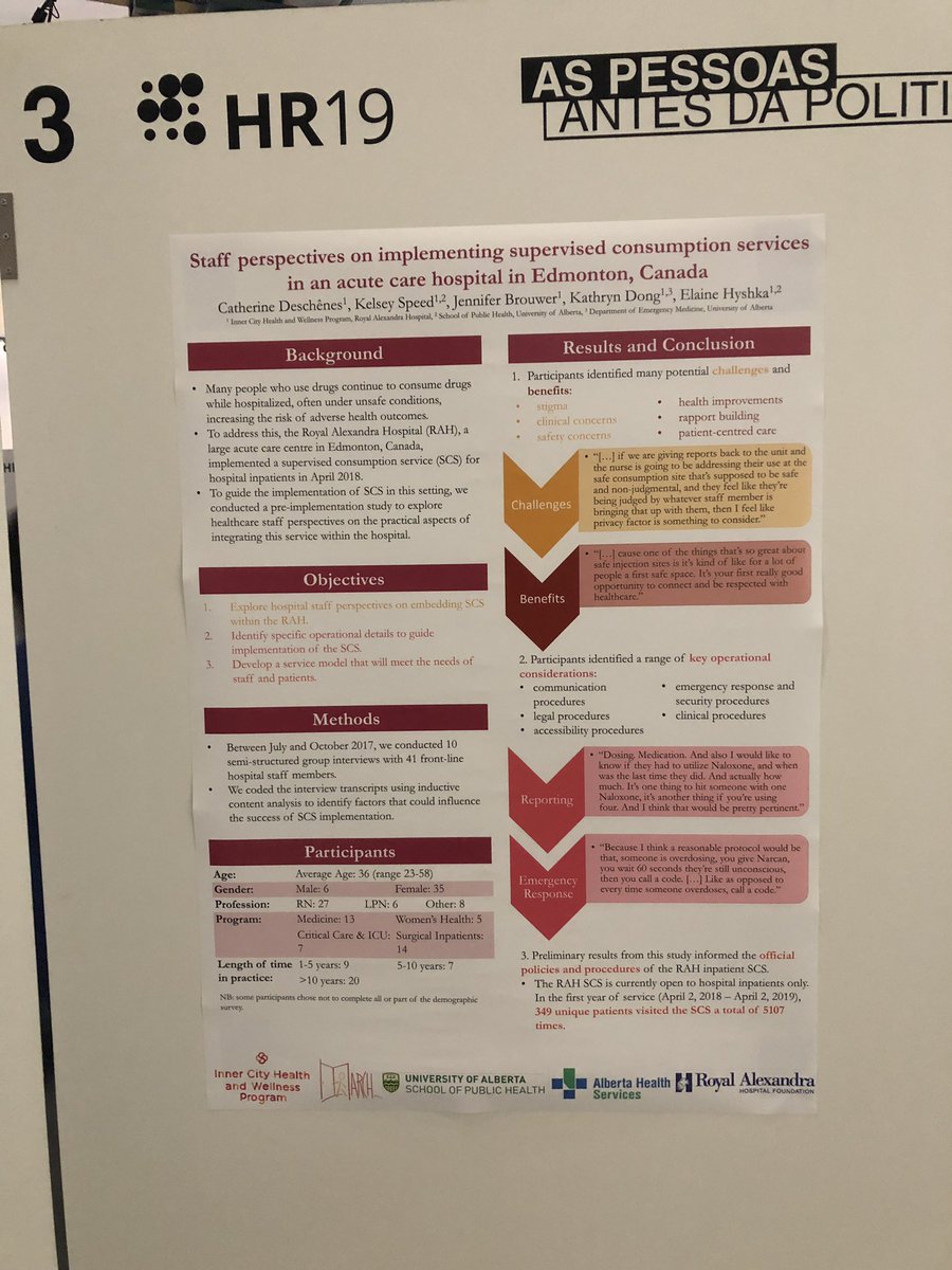 Lots of interest in our research “Staff perspectives on implementing supervised consumption services in an acute care hospital in Edmonton, Canada” at #HR19! Come by and take a look, I would love to share! <a href="/ehyshka/">Elaine Hyshka</a> <a href="/kathryndong/">Kathryn Dong</a> <a href="/TeamARCH/">ARCH Team</a> <a href="/cath_deschenes/">Catherine Deschênes</a>