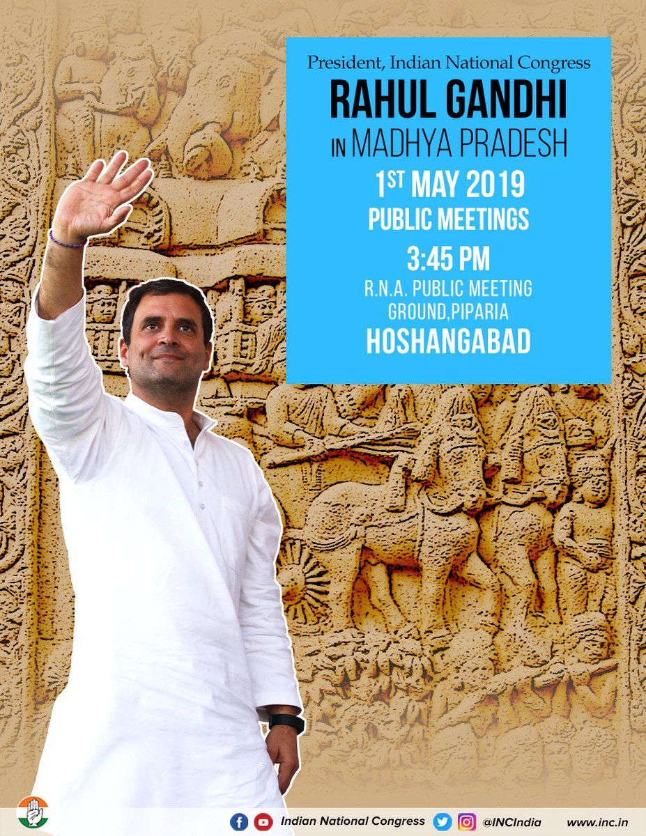 INCIndia's tweet photo. Congress President @RahulGandhi will be in Madhya Pradesh for a public meeting. Watch him live on our social media platforms. 

FB: https://t.co/nX8RdNUP9b

YT: https://t.co/g2POk7bvU1

#AbHogaNYAY https://t.co/vEZrFWUX0q