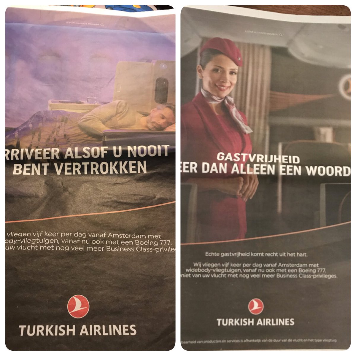 Deze advertenties van Turkisch Airlines zie ik regelmatig voorbij komen en altijd erger ik me aan de stereotypering van de man die bedient wordt door de vrouw. Wat zou het leuk zijn: een steward en een zakenvrouw.