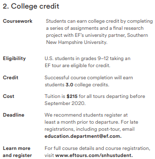 <a href="/EFtours/">EF Educational Tours</a> is now offering the opportunity to earn 3 college credits with <a href="/SNHU/">SNHU</a> for students who go on an EF Tour!  Just another reason to travel in high school! #GoHawks #TravelAbroad #SeeTheWorld