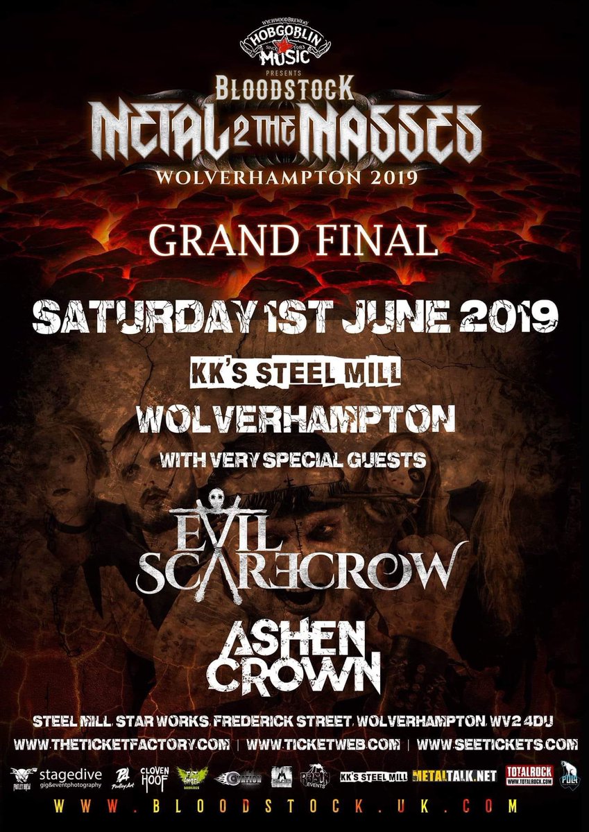 We only went and got through to the final! We are joined by <a href="/EyesoftheRaven/">Eyes of the Raven</a> who also got through with us, previous winners <a href="/AshenCrown/">Ashen Crown</a> and the legends in <a href="/EvilScarecrowUK/">Evil Scarecrow</a>! It’s going to be epic whatever happens 🤘🤘🤘 #metal #m2tm2019 #bloodstock #wolvo #livebands #kkssteelmill