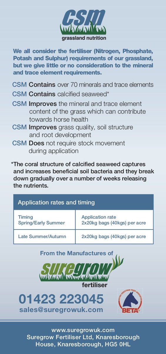 If you have a pony paddock (or lawn) that needs a boost try the fantastic 'Suregrow'. Slow release Nitrogen reduces risk of Laminitis. Phosphorous and Sulphur feed and strengthen the plant.

Call us about how the product works and the option of FREE delivery. 01326 379888