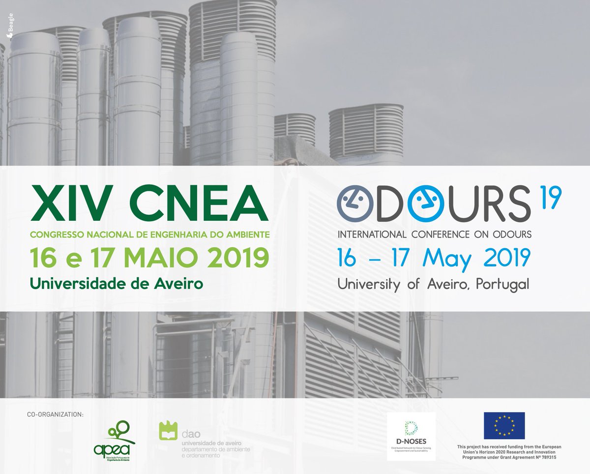 APEA1985's tweet photo. XIV CNEA - ODOURS 19, 16th - 17th May 2019, University of Aveiro
Consult the programme already available! | Speakers and participants from: Brazil, Bulgaria, Chile, Costa Rica, France, Italy, Japan, Germany, Greece, Portugal, Qatar, Spain and UK | https://t.co/vTdhdRx8Cu. https://t.co/3d7GJUSAJD