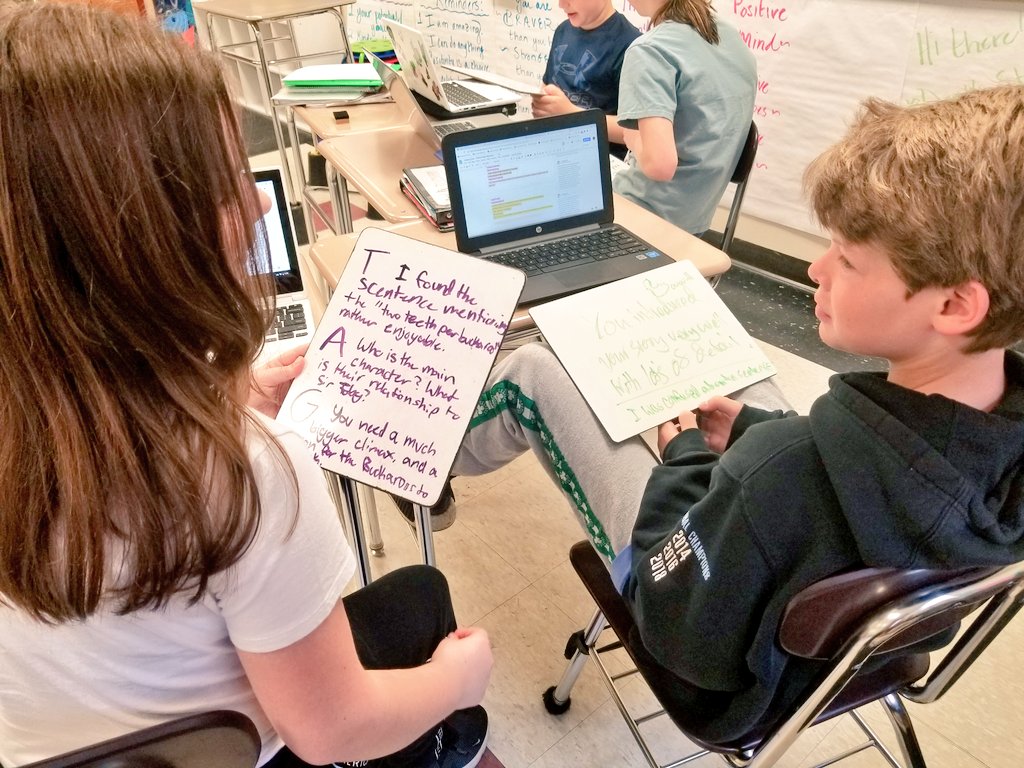 TeachmrsT's tweet photo. Peer conferencing goes so much better when you provide scaffolding! We used Tag to give feedback on our narratives, and the Ss were talking like real writers! #NCTEvillage #mccallchat #peerconferences #writingprocess https://t.co/Pw5W6sSMRK