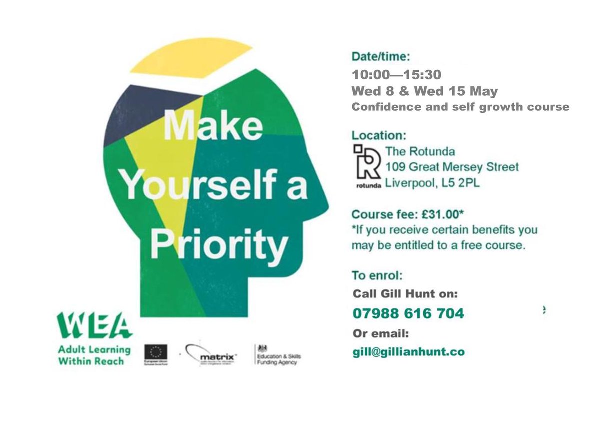 RotundaLtd's tweet photo. Make Yourself a priority
Thursdays: 8th and 15th May 9:30 – 3:30 pm
Call Rotunda 0151 207 2176
More info at: WEA https://t.co/HQvIeTTkij
#wellbeing #confidence #selfassertiveness #personaldevelopment https://t.co/PAZ9nWRSnS