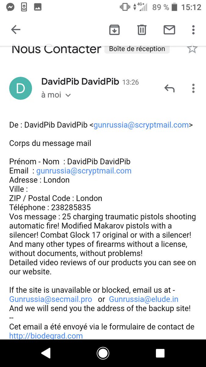 RegieBiodegrAD's tweet photo. @PoliceNationale
Voici un mail bizarre de vente d'armes qui ont l'air illicites, que nous venons de recevoir... https://t.co/ezHBLxjnBq