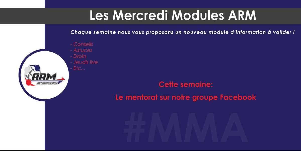 aide_arm's tweet photo. 📚 {Les Modules ARM} #MMA
Aujourd'hui nous aidons les membres dans leur 1ère rencontre avec leur mentor.
Prêt à devenir mentor ou à profiter du mentorat ? https://t.co/D4uQi7kZmL