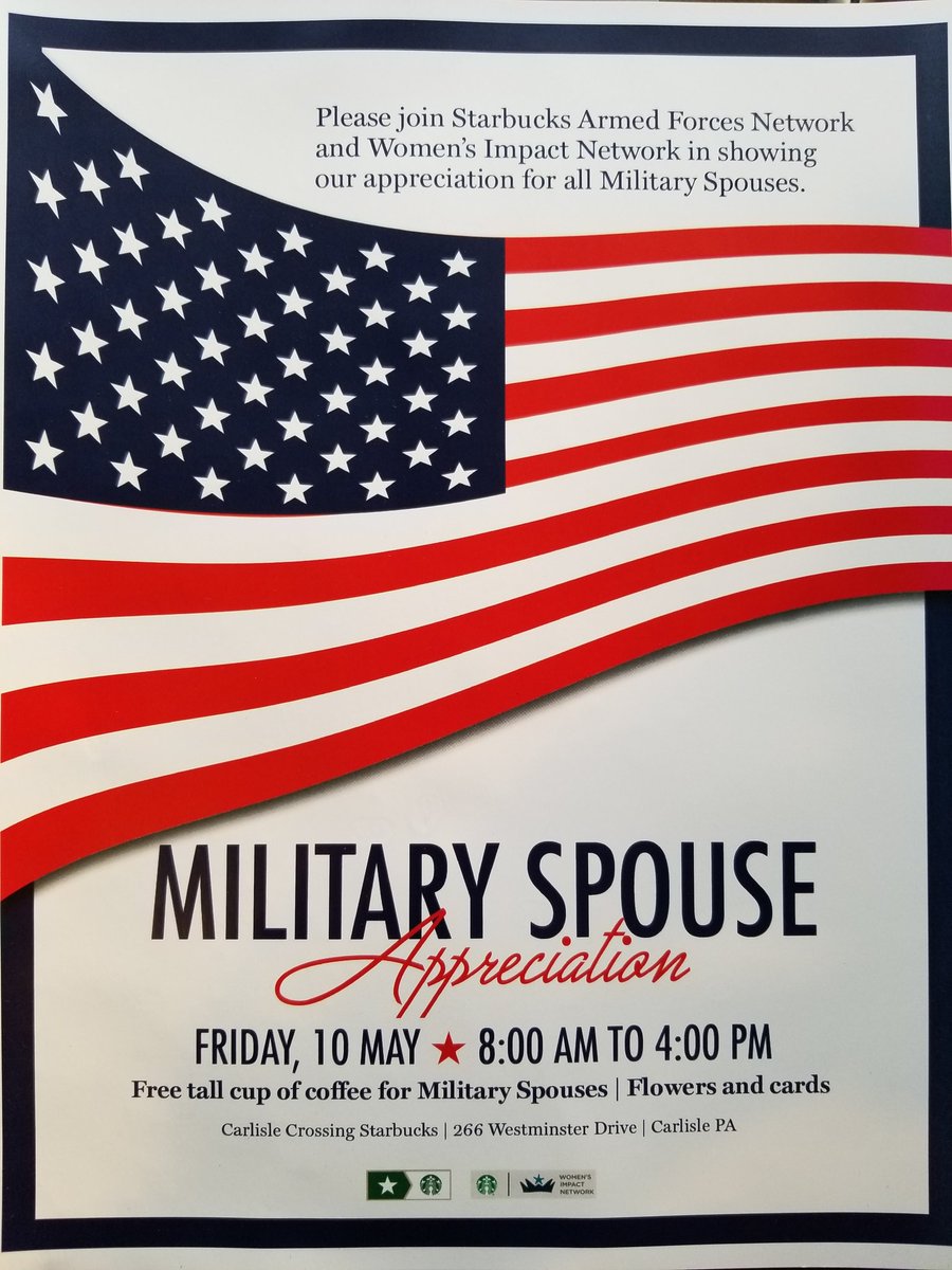 5/10/19 is Military Spouse Appreciation Day and the Starbucks Carlisle Military Family store will be celebrating our Military Spouses from 8am to 4pm! @CarlislePAChamb <a href="/PSPTroopHPIO/">Trooper Megan Frazer</a> <a href="/JMichaelsNews/">Justin Michaels</a> @TimGrever <a href="/erika_mcintire/">Erika McIntire</a> <a href="/TrudiOteri/">Trudi Oteri</a> <a href="/521gemini/">Nikki</a> <a href="/carlislepapd/">Carlisle PD</a>