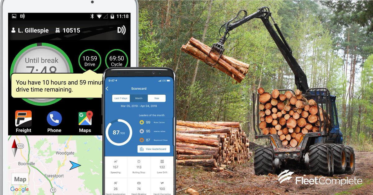 FleetComplete's tweet photo. A logging company out of CA expanded their biz. More trucks, drivers and activity to manage. After seeing the FC's #UltimateBundle in action: GPS tracking, dashcams, and ELD with DVIR all in one, he signed on his 40+ vehicles on the spot! #WinWednesday https://t.co/DcPcKz3YNh