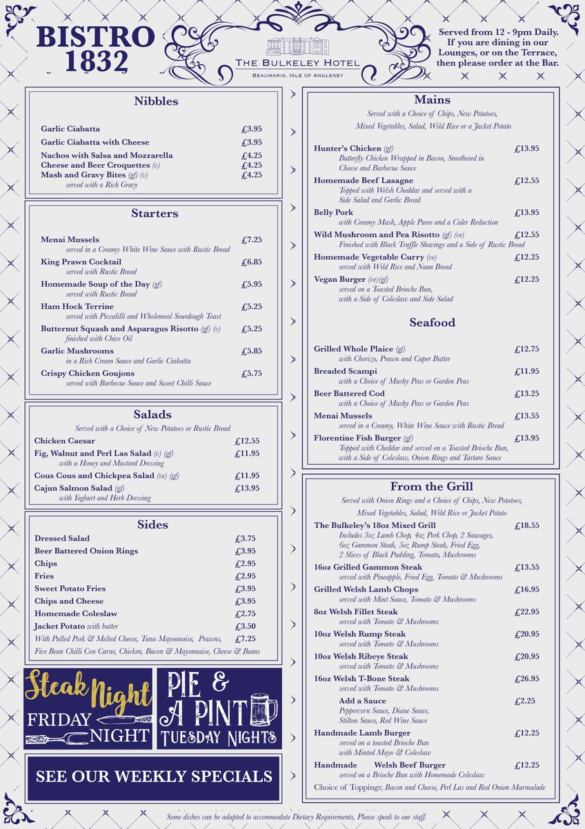 bulkeleyhotel's tweet photo. 🍽️NEW Bistro Menu now available 12:00 - 21:00 every day!! 🍽️
#bistro1832 #bulkeley #visitanglesey #gonorthwales #ynysmon #foodlovers https://t.co/qUY9GFgFFk