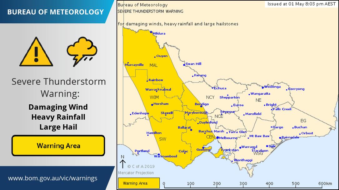 ⚠️Severe Thunderstorm warning issued for #Victoria, potential impacts for areas from Mildura to the Bellarine Peninsula. See ow.ly/alw350txdiG for details.