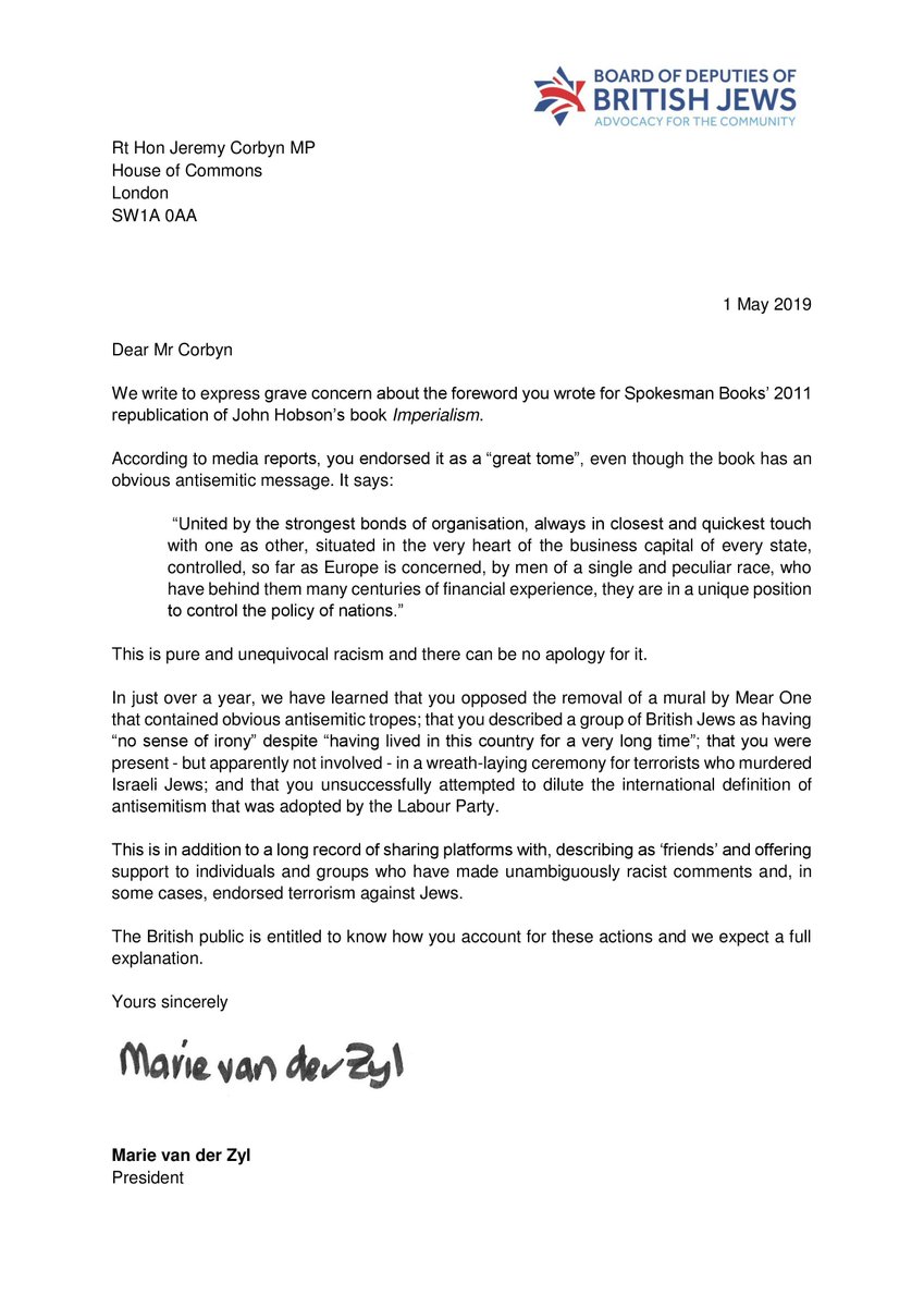 I have written to Jeremy Corbyn today about his foreword endorsing John Hobson's book which contains clear antisemitism. The British public is entitled to know how he accounts for his actions. We expect a full explanation.