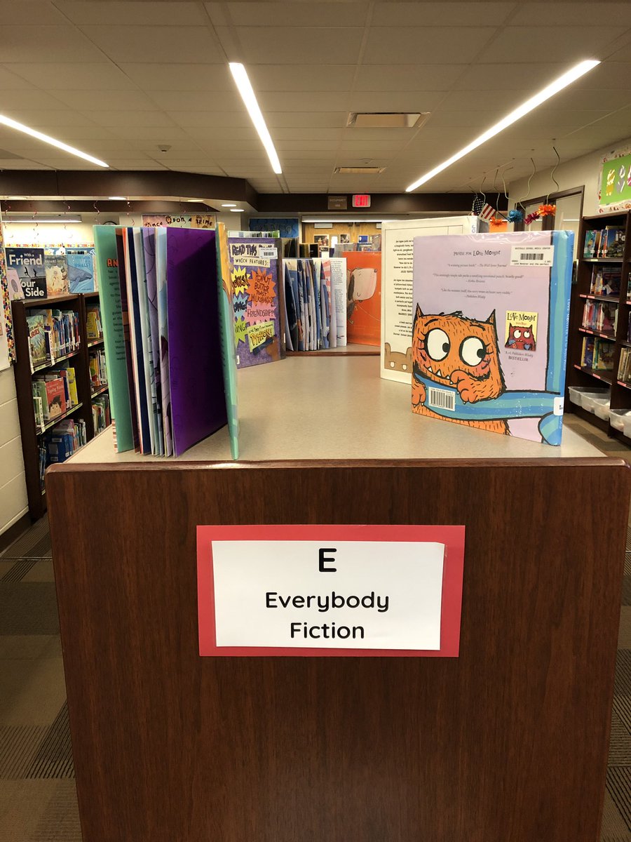 Jarrett_Lerner's tweet photo. One of the coolest things about the school I visited yesterday—Westdale Elementary in Northlake, IL—is that they don’t call picture books “picture books,” but “everybody books.” The librarian said it has led to many more 3rd, 4th, &amp; 5th graders visiting these shelves. #d83shines https://t.co/sRvEw36un5