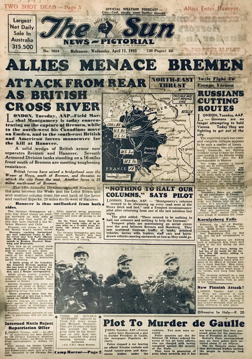 WW2frontpages's tweet photo. BRITISH ADVANCE ON BREMEN. Melbourne Sun, 11 April 1945. #WW2 #WWII #History https://t.co/CcWOpkYfM1