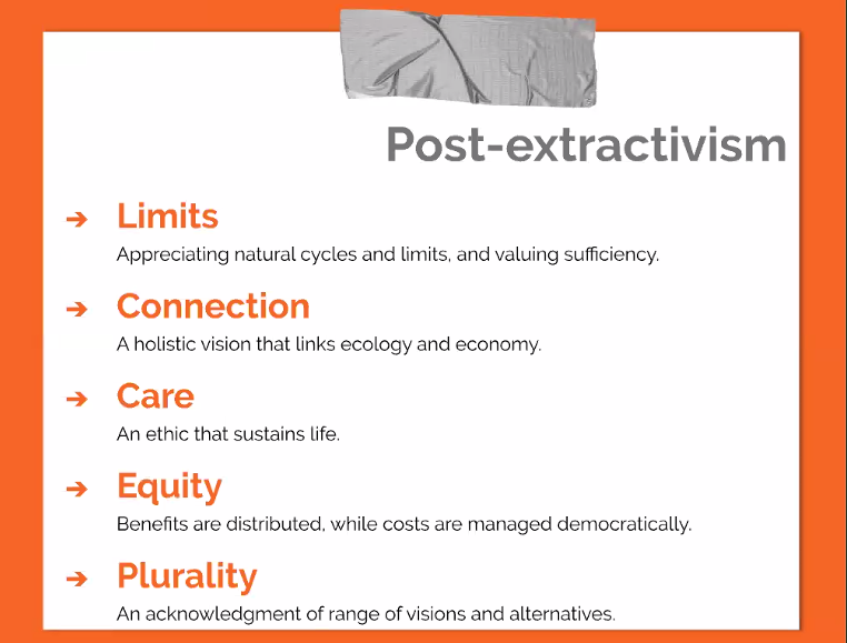 maria_fm's tweet image. "#Extractivism has colonised our imagination about what the economy can be." - @bywordlight speaks on the @_YLNM webinar on Building a #PostExtractive society. 
Here are 5 principles underpinning the extractive logic, and what a post-extractive transformation could entail: